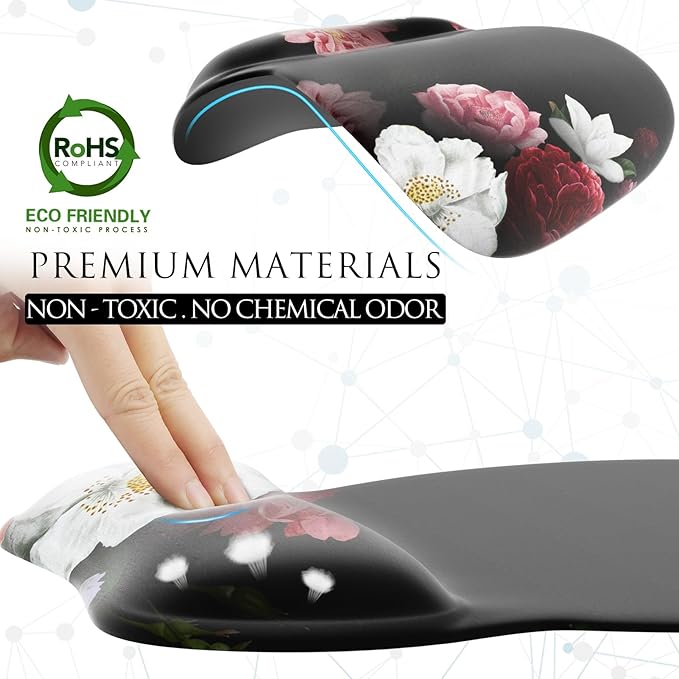 MROCO Ergonomic Mouse Pad with Wrist Support Gel Mouse Pad with Wrist Rest, Comfortable Computer Mouse Pad for Laptop, Pain Relief Mousepad for Office & Home, 9.4 x 8.1 in, Black Flower