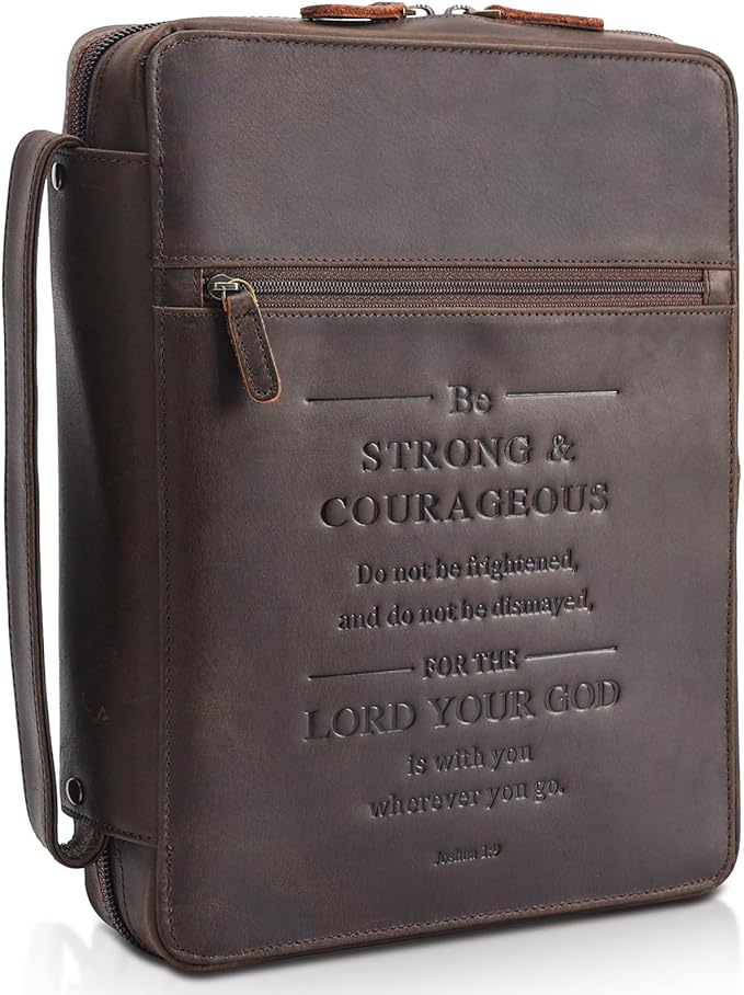 Polare Full Grain Leather Bible Cover Church Bag Bible Protective Book Holder Carrying Case Folder Organizer Portfolio with YKK Zippers, Dark Brown(Strong & Courageous)