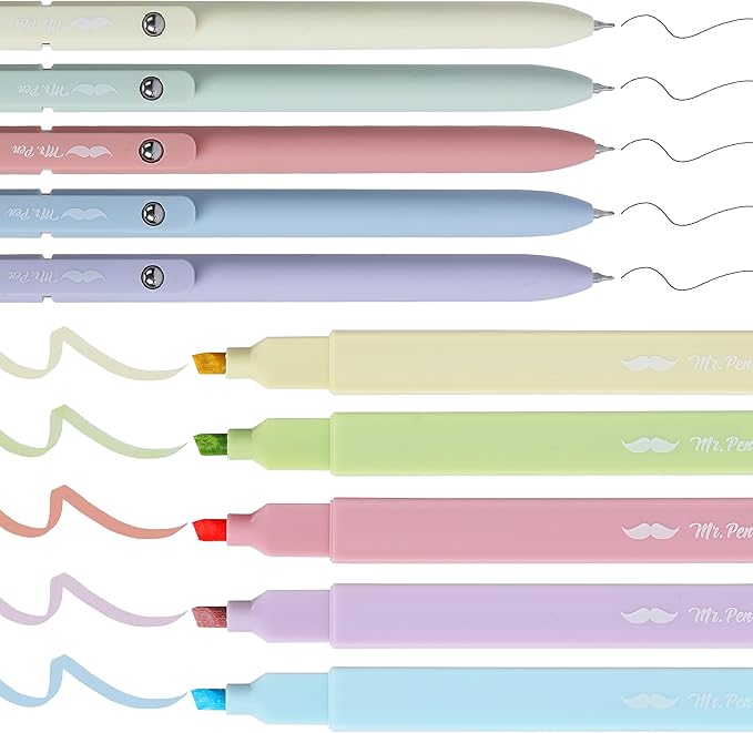 Mr. Pen- Aesthetic Highlighters and Gel Pens, 10 Pack, Assorted Color Bible Highlighters No Bleed, Black Ink Gel Pens, Highlighter Pens, No Bleed Highlighters for Bibles, Gel Pens