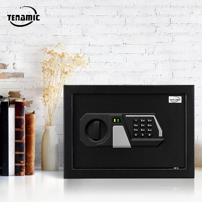 Tenamic Fireproof Safe Box 0.8 Cuft Electronic Digital Security Box, Keypad Small Lock Box Cabinet Safes with Internal Light, Solid Alloy Steel Office Hotel Home Mini Safe with 2 Passwords, Black