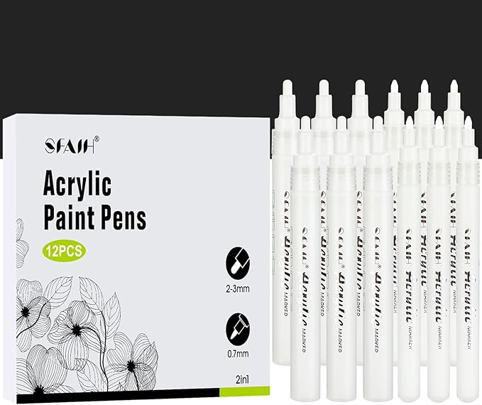 SFAIH White Paint Markers Paint Pens - 12 Pack Acrylic Permanent Marker for Rock Painting, Wood, Metal, Fabric, Plastic, Canvas, Glass, Ceramic, Art Projects, 2-3MM Medium Tip & 0.7mm Extra Fine Tip