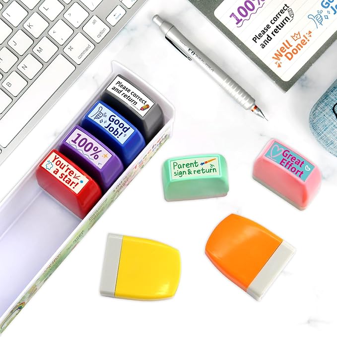 Teacher Stamps for Grading Motivational Teacher Self-Inking Stamp Set Encouraging Signature Stamp for Classroom Supplies 8 Packs Multicolor