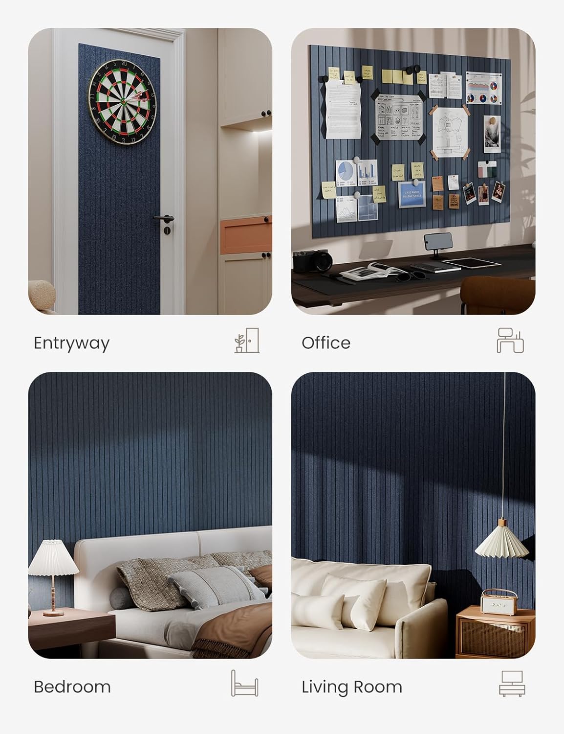 Bumusty Large Cork Board Alternative-47 x35 Felt Bulletin Board Tiles, with 30 Pushpins, 70 Adhesive Tabs, 12-Pack Slat Wall Paneling, Cork Boards for Office Push Pin Board Felt Board-Denim Blue