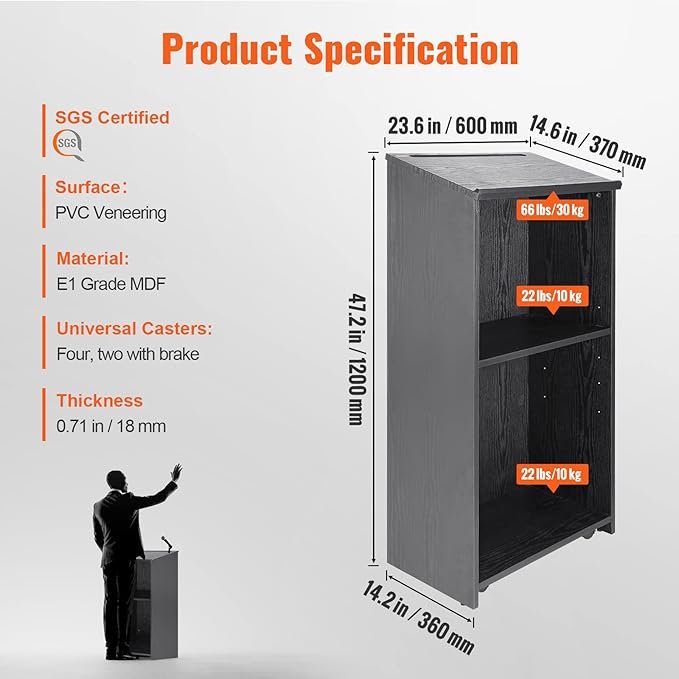 VEVOR Speaker Podium, 47-inch Mobile Lectern with 4 Casters, Wooden Presentation Stand with Shelves, Angled Top, for Church, Office, School, Home Use, Black