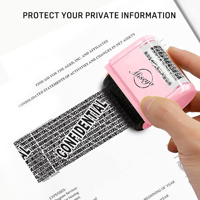 Miseyo Identity Theft Protection Roller Stamp Set - Pink (6 Refill Ink Incleded)
