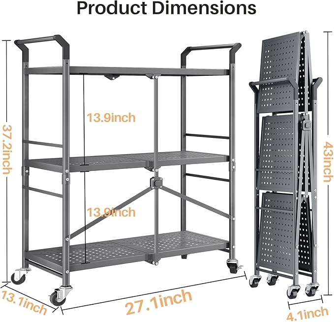 Rolling Utility Cart Folding Cart with Wheels - 3 Tier Collapsible Metal Cart, Large Capacity