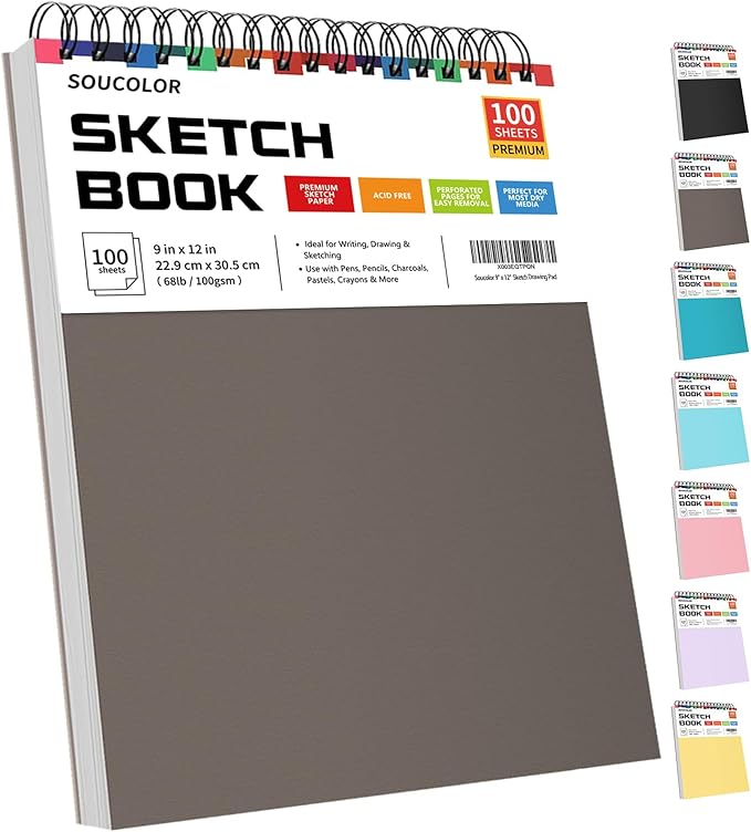 Soucolor 9" x 12" Sketch Book, 1-Pack 100 Sheets Spiral Bound Art Sketchbook, Acid Free (68lb/100gsm) Artist Drawing Book Paper Painting Sketching Pad