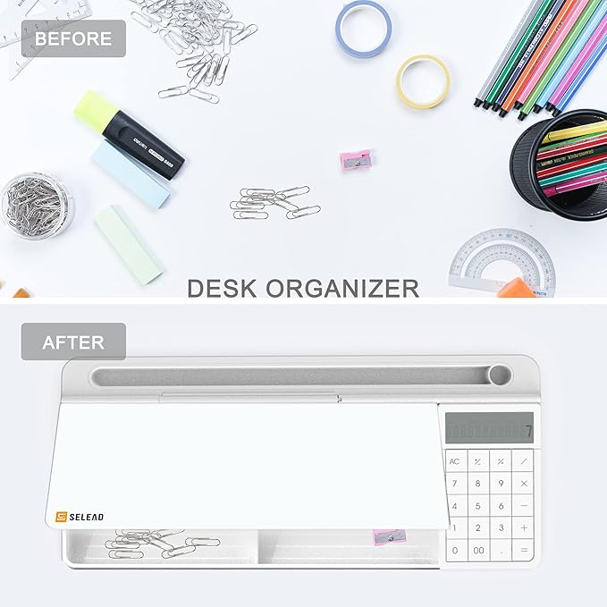 SELEAD Desktop Glass Whiteboard with Calculator, Organizer, Markers, Eraser, Holder - Small Dry Erase White Board Computer Pad Keyboard Stand for Home, School, Office Desk Cubicle Accessories