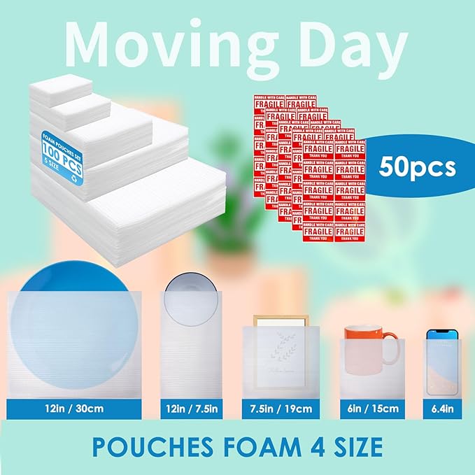 100 Pack Cushion Foam Pouches 5 Sizes wrap pouches dish packing kit (4"x6",6"x6",7.5"x7.5",7.5"x12",12"x12")Packing Supplies for Moving Packing Materials For Fragile Items Incidental50Fragile Stickers