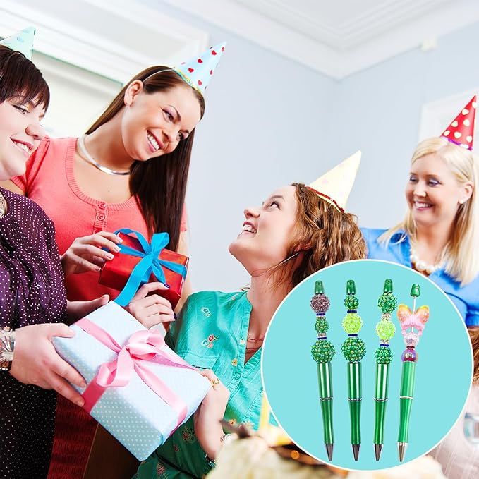 15 Pieces Beadable Pens - Beaded Pens Plastic Diy Black Ink Ballpoint Pens Bulk - Bead Pens Suitable For Teacher, Students, Office, School, Graduation Gift Supplies（Green）