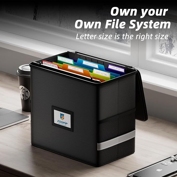 Fireproof File Box with Hanging File Folders, 7x1.2" Accordion Pockets, Hanging File Organizer for Letter Size, Retractable Hook, 1/3-Cut Tab (Folders+Box-12.6''*7.8''*9.8'')