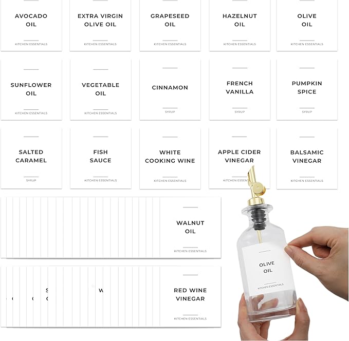 Olive Oil & Coffee Syrup Labels for Bottles - 2.5" x 2.5" Waterproof Kitchen PVC Sticker Labels for Oils, Coffee Syrups, Vinegars, Sauces, Cooking Wines, Condiments - Minimalist White, 61pcs
