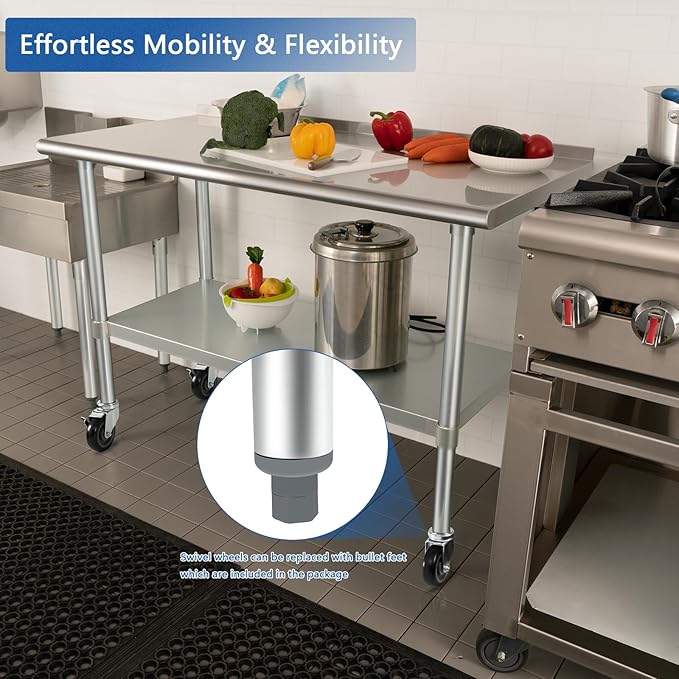 HARDURA Stainless Steel Table 24 x 72 Inches with Wheels Casters NSF Heavy Duty Commercial Prep Table with 2” Backsplash and Adjustable Undershelf for Restaurant Kitchen Home and Hotel