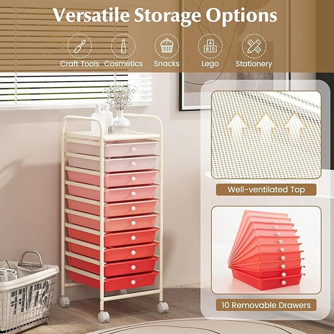 Storage Cart, Rolling Utility Cart with 10 Drawers, Portable Handles & Lockable Wheels, Mobile Paper Toys Storage Organizer Large Capacity for Home Office School Teacher (Gradient Pink)