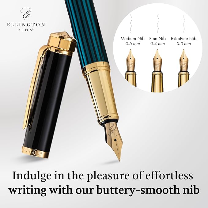 Luxury Fountain Pen Set- Fountain Pens for Writing - Smooth Medium Nib - Includes Refillable Ink Converter, 3 Ink Cartridges [Black & Blue], Gift Box - Elegant Calligraphy