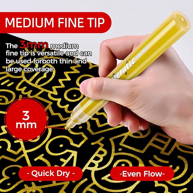 SFAIH Gold Paint Markers Paint Pens - 4 Pack 2-3MM Medium Tip Metallic Acrylic Markers for Rock Painting, Wood, Metal, Fabric, Plastic, Canvas, Glass, Ceramic, Diy Crafts, Drawing, Tire