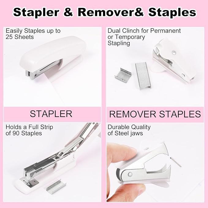 White Desk Organizers and Accessories 10Pcs Set with 360-Degree Rotating Pen Holder, Tape Dispenser, Stapler, Staple Remover, 1000 Staples, Tape, Clips Set, Ruler, Scissor, Pen