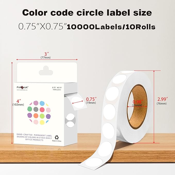 PARLAIM 10 Rolls 3/4" Dot Stickers, 10000 Pack Round Color-Code Circle Labels, White Sticker for Color Coding