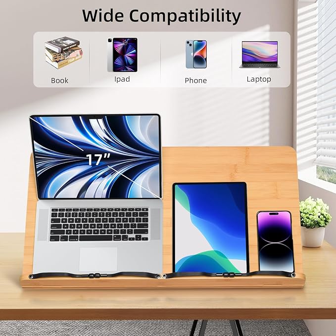 wishacc 24" Oversized Large Bamboo Book Stand & Holder for Reading Hands Free for Large Books in Bed,Cookbook,Textbook,Law,with 8 Adjustable Height Laptop Stand