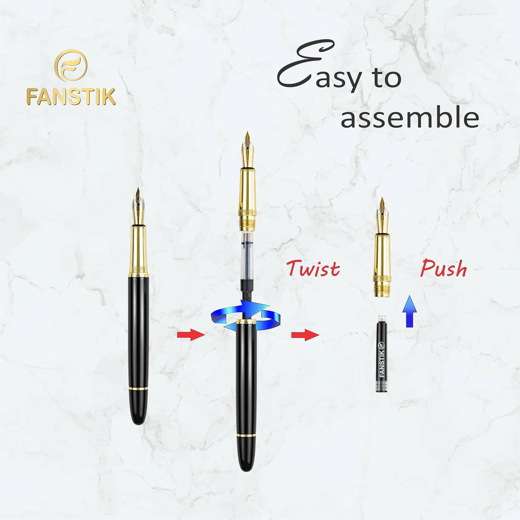 Customized Fountain pen with name (MADE IN USA), stainless steel, black and gold, luxury engraved pen personalized for men and for women. (Fountain Black-Gold)
