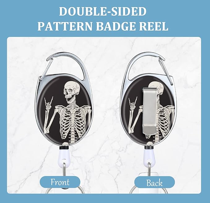 Bone Retractable Badge Reels - Double Sided Color Print Pattern Holders with Keychain, Clip and Key Ring - Durable Nylon Rope
