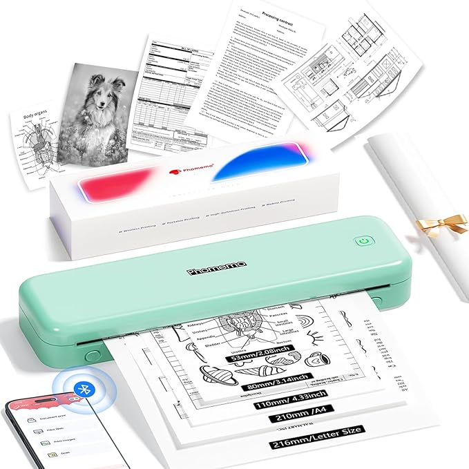 Phomemo M834 (Upgraded) Portable Printer, Wireless Bluetooth Thermal Printer, Support Multi-Size Thermal Paper, Compatible with iOS, Android & PC, Mobile Printer for Travel, Office, School, Green