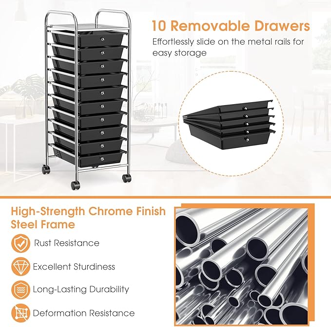 Storage Cart, Rolling Utility Cart with 10 Drawers, Portable Handles & Lockable Wheels, Mobile Paper Toys Storage Organizer Large Capacity for Home Office School Teacher (Black)