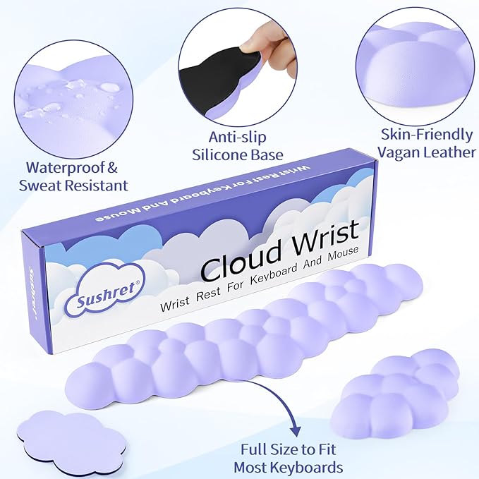 Cloud Wrist Rest Keyboard, Cloud Palm Rest Set with PU Leather Memory Foam, Cute Keyboard Rest for Wrist Support and Arm Rest, Desk Cloud Wrist Pad for PC/Gaming/Hand Cushion/Computer-Purple