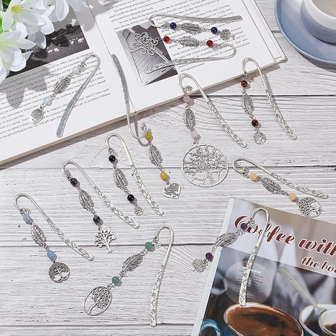 12pcs Tree of Life Bookmarks, Metal Crystal Bookmarks Vintage Gemstone Beading Bookmarks Alloy Leaf Book Markers for Reading Book Lovers Teacher's Day Delicate Gifts