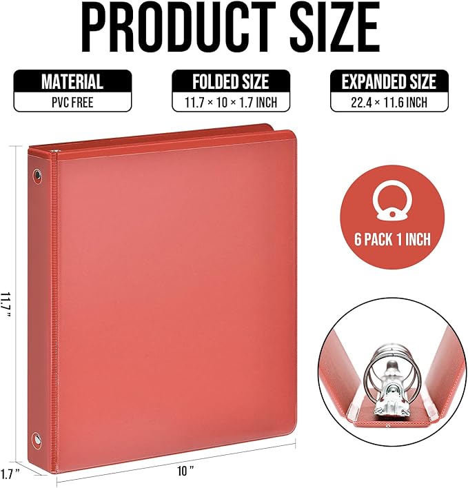 3 Ring Binder 1 Inch, IntoJoy 6 Pack Clear View 3 Hole Binder PVC-Free Fits 8.5x11 Inch Paper Flexible Round Ring Binders for School Office Home Binder Supplies (Orange)