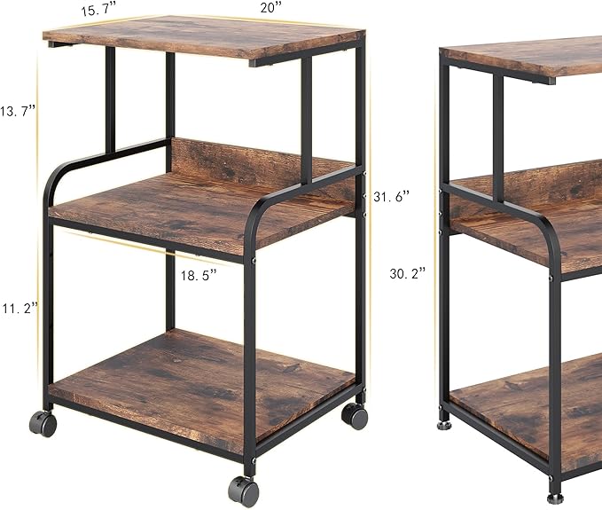 3 Tier Rolling Printer Cart with Wheels, Rustic Brown, Adjustable, Compatible with Printers, Fax Machines, Home Office, Kitchen, Living Room, Bedroom Storage Shelves