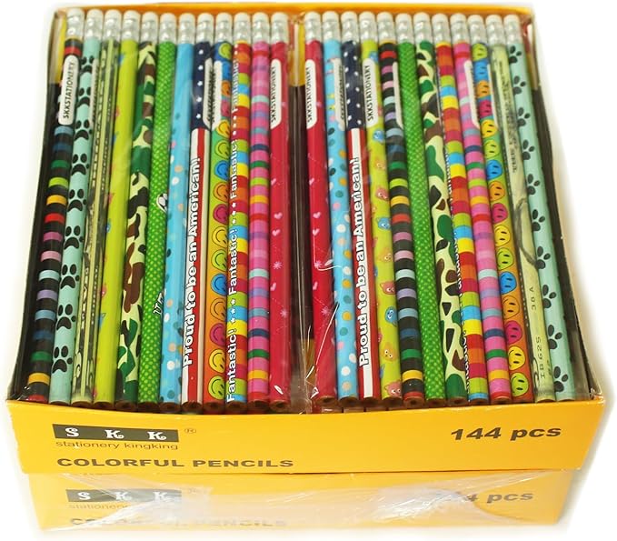 SKKSTATIONERY 288pcs Assorted Colorful Pencils Wooden Pencil with Eraser Pencil Assortment, Novelty Kids Awards & Incentives Pencils