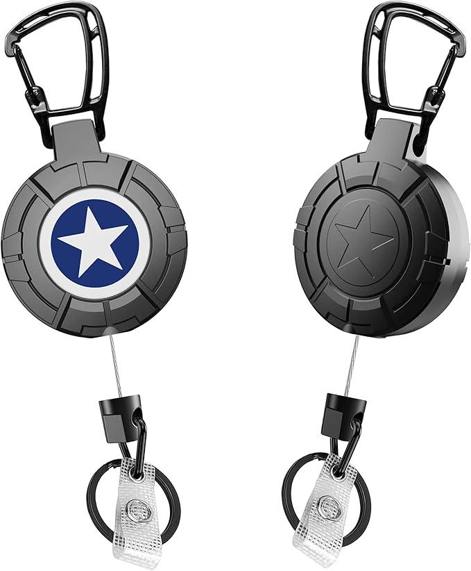Rotating Blue Star Faceplate Badge Reel with Retractable Steel Wire Keychain, Heavy Duty Carabiner Holder, Ideal for Key & Card Storage Gift for Men