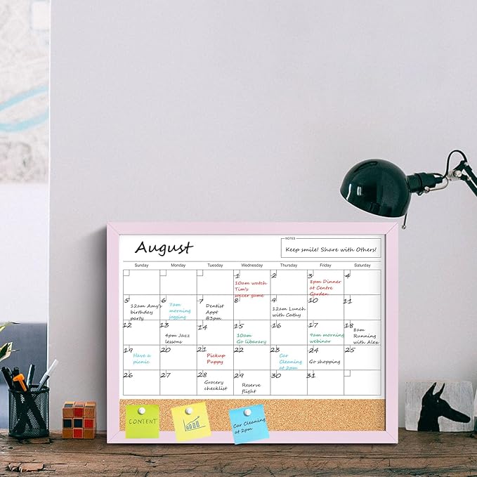 Dry Erase Calendar Cork Board Combo, 17"x13" Calendar Whiteboard for Wall, Magnetic White Board Monthly Calendar with Pink Wood Framed, Dry Erase Board for Planner Office Kitchen Home Memo
