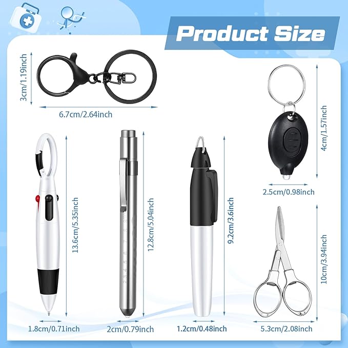 6 Pcs Nurse Pen Set Include Permanent Marker Pen Retractable Ballpoint Pen Keychain Clip Foldable Scissors Lights LED Flashlight Keychain for Nurse Accessories(Silver)