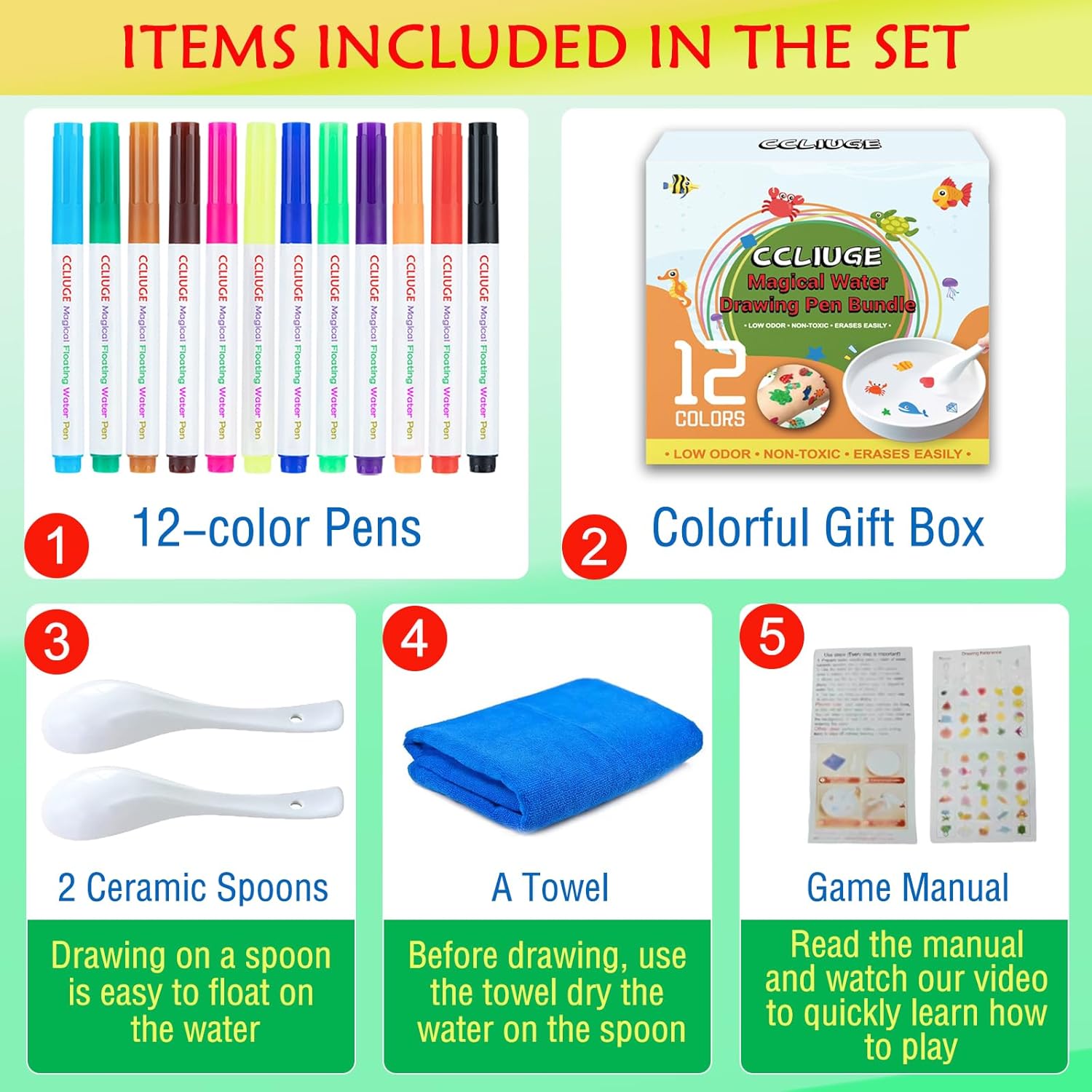 Kiddies Create Magical Floating Drawings Bundle, 12 Colors Magic Drawing Pens for Kids Water, Magical Water Painting Pen Set with Spoons & Towel, Water Art Markers for Tattoo, Gifts for Boys & Girls