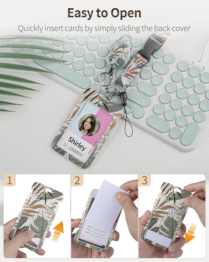 Uniclife Floral Sliding Badge Holder Monstera Leaves Plastic Case with Retractable Badge Reel Carabiner Clip and Detachable Lanyard Strap Vertical Card Protector for Women Nurse Teacher Student