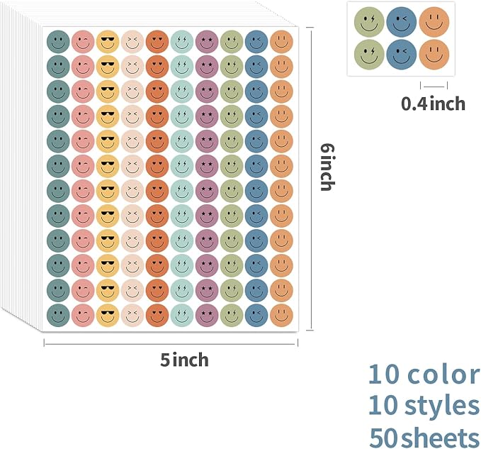 6000 Pieces Boho Happy Smile Face Stickers for School Reward Behavior Chart,3/8 Inch in Diameter Round Bohemian Style Reward Labels 10 Styles Happy Face Stickers for Teachers (50 Sheets)