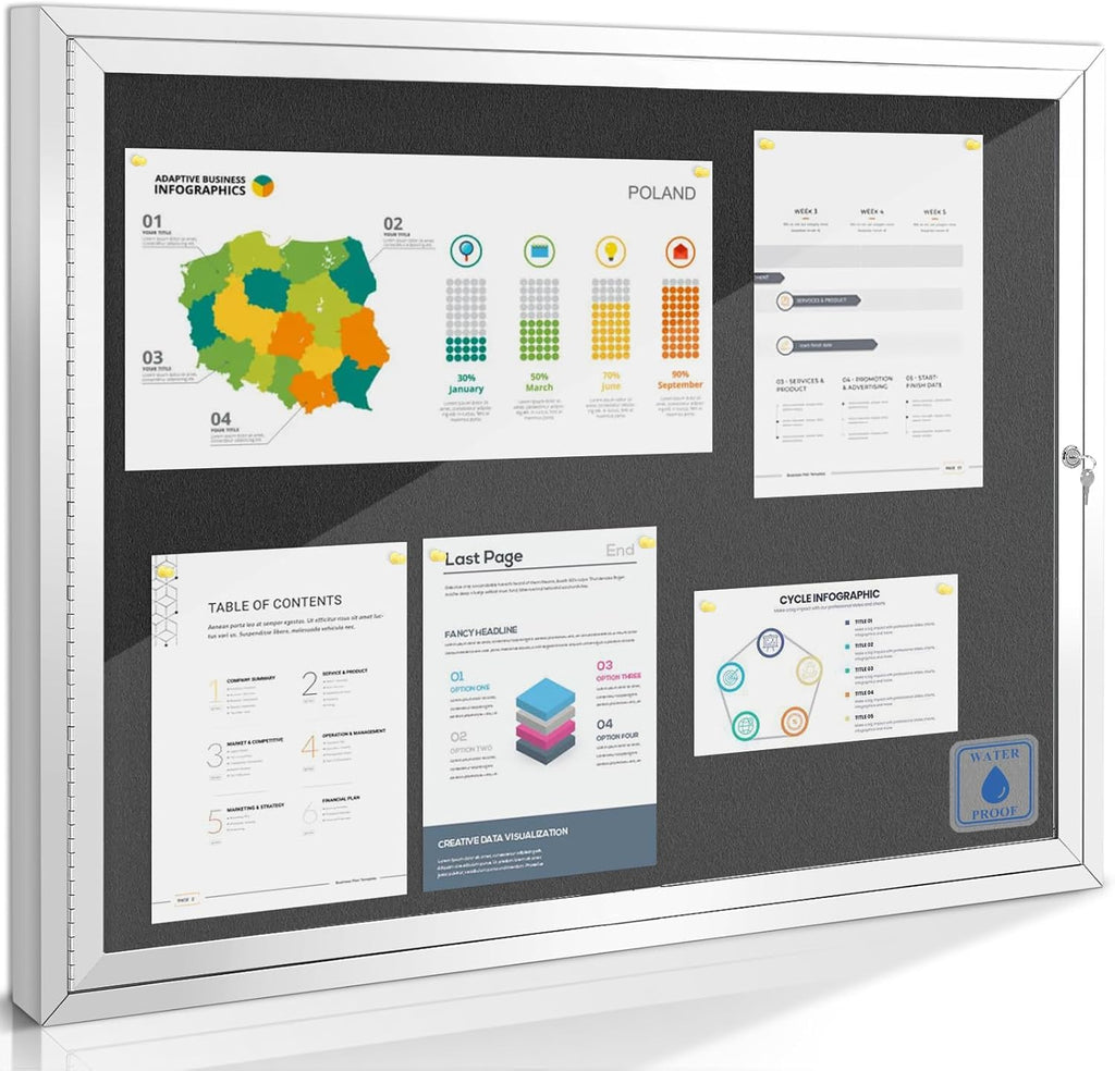 SWANCROWN Enclosed Bulletin Board Weatherproof 37x28in, Outdoor Lockable Bulletin Board Wall Display Case for Office School Commerce, Black Felt, Sliver Aluminum Frame (8xA4)