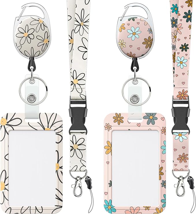 Uniclife 2 Pack Floral Sliding Badge Holder Flower Plastic Case with Retractable Badge Reel Carabiner Clip and Detachable Lanyard Strap Hard Vertical Card Protector for Women Nurse Teacher