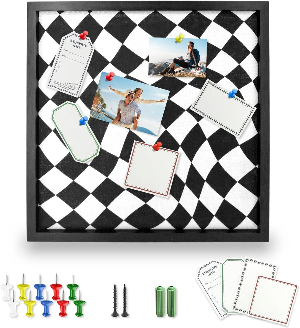 Cork Bulletin Board with Decorative Black and White Linen – 20x20 Inch Square Pin Board for Walls, Girls Vision Board for Organizing Notes, Photos & Reminders, Perfect for Office & Home