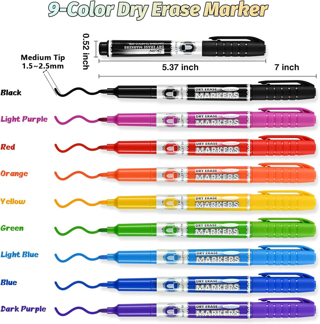 SUIN 9 Colors Dry Erase Markers - Low Odor, Non-Toxic, Slim Whiteboard Bullet Tip markers, Medium Fine Tip Whiteboard Pens for Kids, Office, Classroom & Home 36 Count