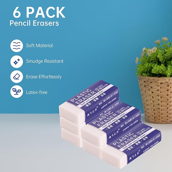 6 Pack Pencil Erasers, Large White Erasers for School, Art Erasers for Kids Drawing Bulk
