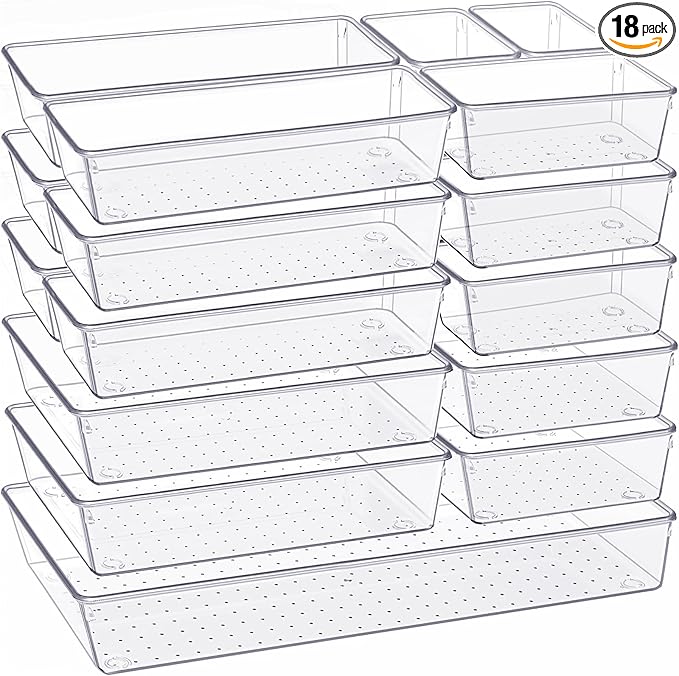 Criusia Drawer Organizer, 18 Pack Large Clear Plastic Kitchen Drawer Organizers Set, 6 Size Versatile Bathroom and Vanity Drawer Organizer Trays, Storage Bins for Makeup, Bedroom, Kitchen Utensils