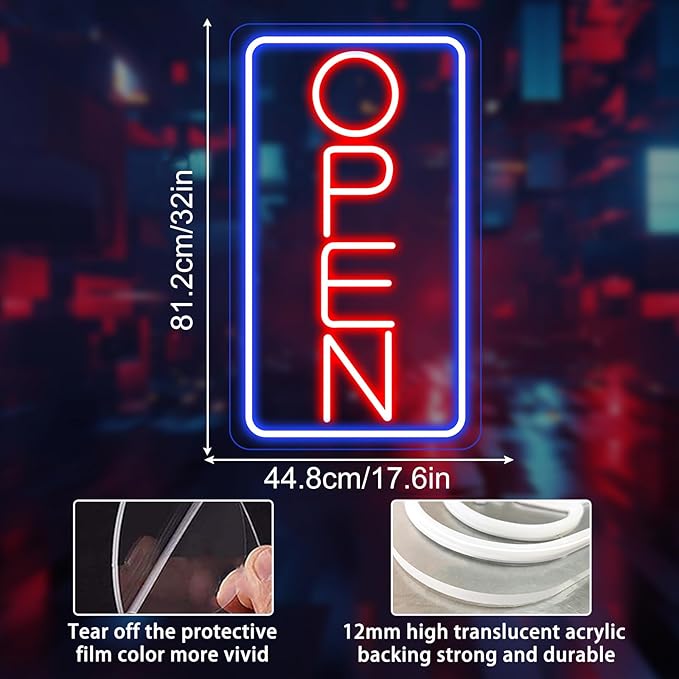 Open Signs for Business Ultra Bright LED Neon Open Signs for Business Storefront Window Glass Door Shop Store Florists Bar Salon Pubs with ON/OFF Switch (Blue/Red -Vertical, 32 Inch)
