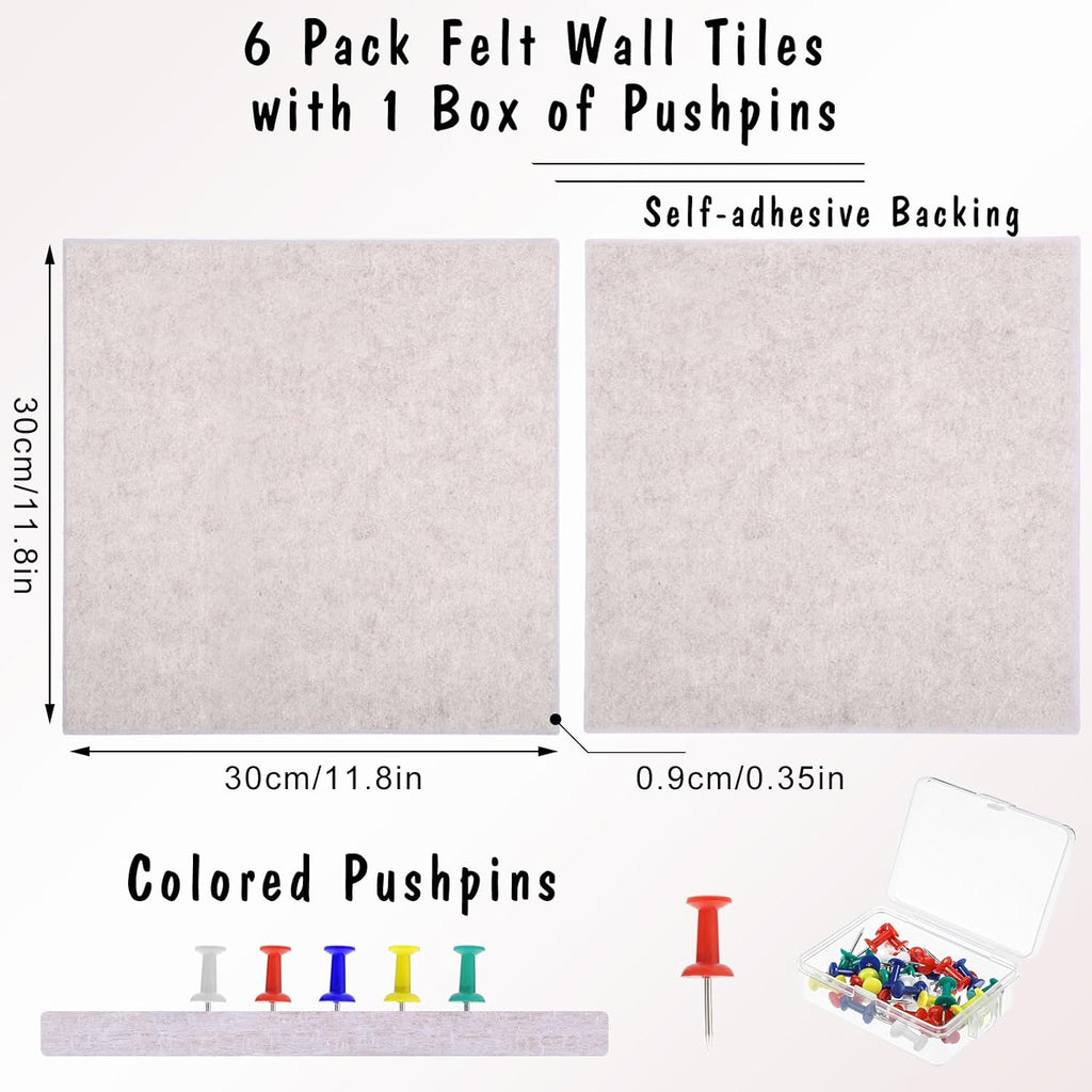 Large Cork Board 36" x 24", 6 Pack Felt Wall Tiles with Colored Pushpins, Bulletin Board with Removable Self-Adhesive Strips, Pin Board Cork Boards for Walls Office Home-Light Tan