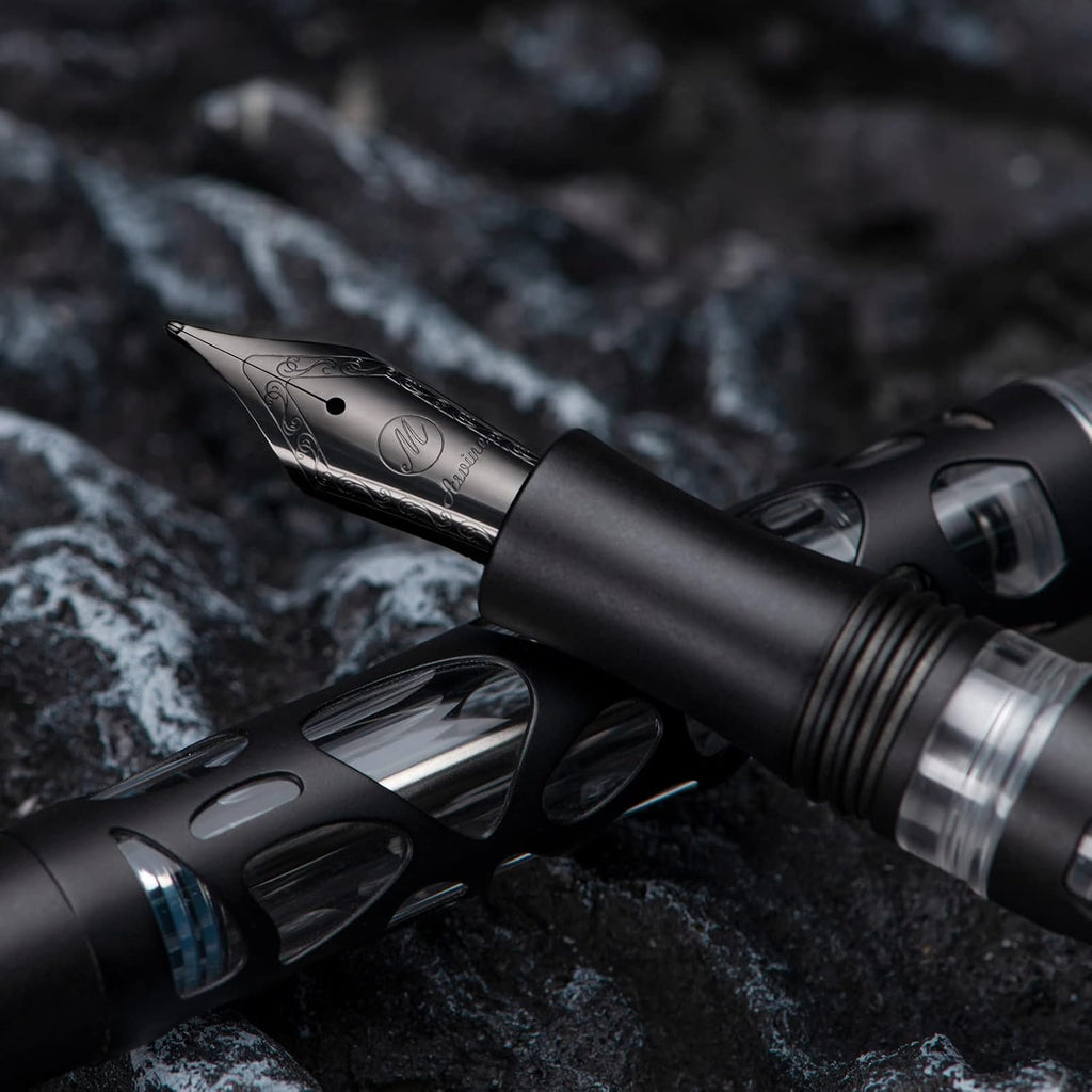 Asvine V169 Vacuum Filling Fountain Pen, Matte Black Water Drop Skeleton Transparent Acrylic Pen, Black Medium Nib Office Pen with Case Set
