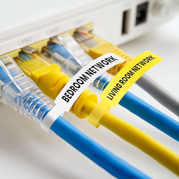 Clabel Printable Cable Labels 6 Rolls of Thermal Self-Adhesive Paper Labels Tape, 25x78mm (1"x3") 100 Sheets Per Roll, Black Print on Yellow Sticker Tags Durable for Cables Management