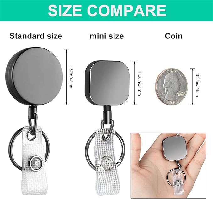 Will Well ID Badge Holder Reel with Clip and Keyring - Heavy-Duty All-Metal Casing with 23.6" UHMWPE Fiber Pull Cord for Easy Access, Holds up to 8 Keys - 2-Pack, Small Square, Glossy Black