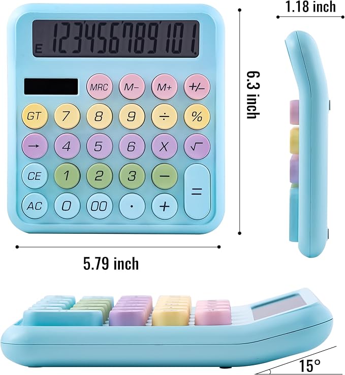 Golcellia Calculators Desktop, Blue Mechanical Calculator, Cute Calculator 12 Digit Desk Basic Calculator Large Display, Dual Power Solar Battery, Office Home School Supplies for Adults & Students